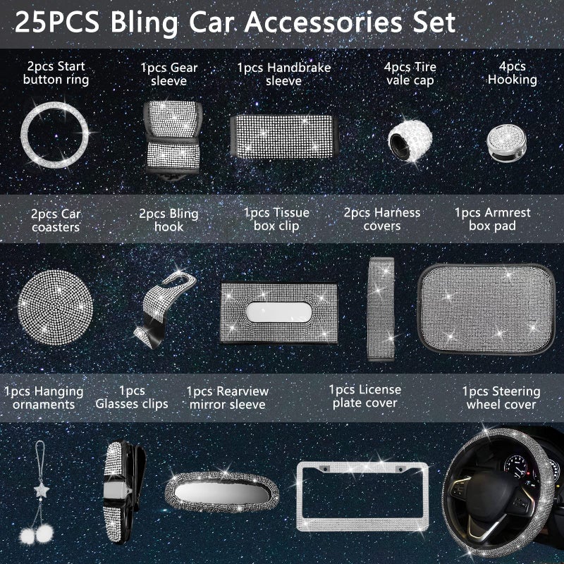 JINGSEN 25PCS Bling Car Parts Set  Car Parts Set Female Plug Universal 15 Inch  Shiny License Plate Frame  Center Console Cover and Rearview Mirror Set and Other Car Accessories(White) - Image 2